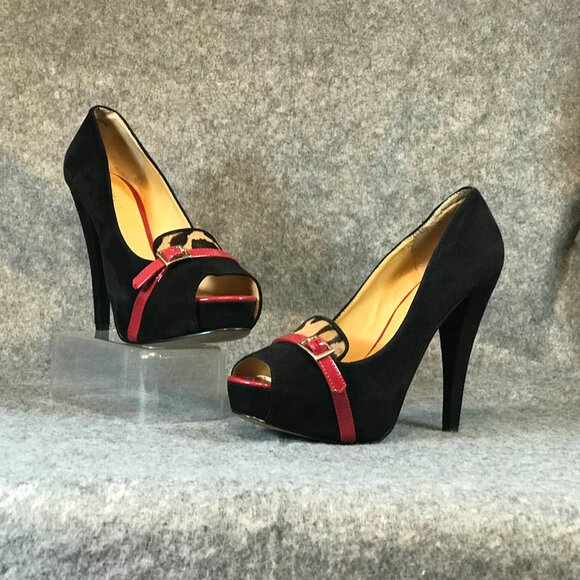 Nine West Women's Black Leather Front Red Strap Leopard Open Toe Heel Shoes - Picture 6 of 14